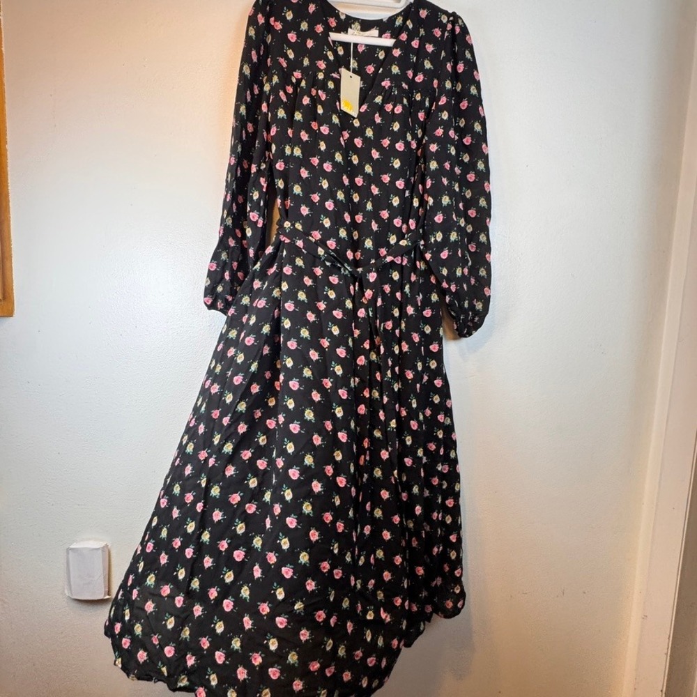 Boden Black Floral Rose V-Neck Midi Dress Long Sleeve Tie Waist D0389 Womens‎ 6R
